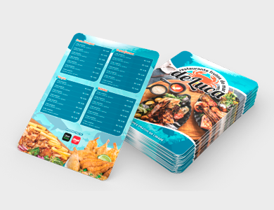 Cardápio em PVC 0,3mm Verniz Total Frente e Verso 21,5x29cm 1 Folha (2 páginas) - 4x0 - 5 unid